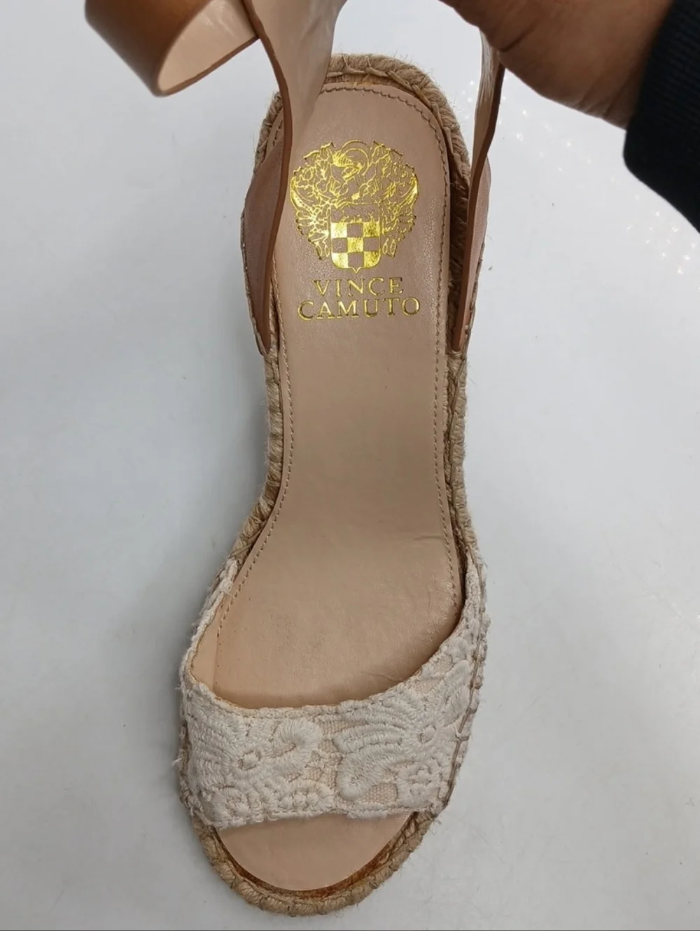 Vince Camuto Women's White Tan Jute‎ Wedge Ankle Strap Sandal Size US 8.5
